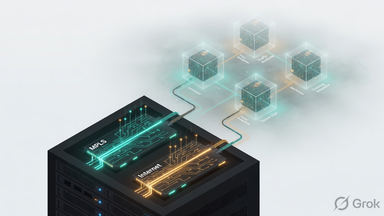 Branch WAN rack with MPLS and Internet circuits rising to four control nodes