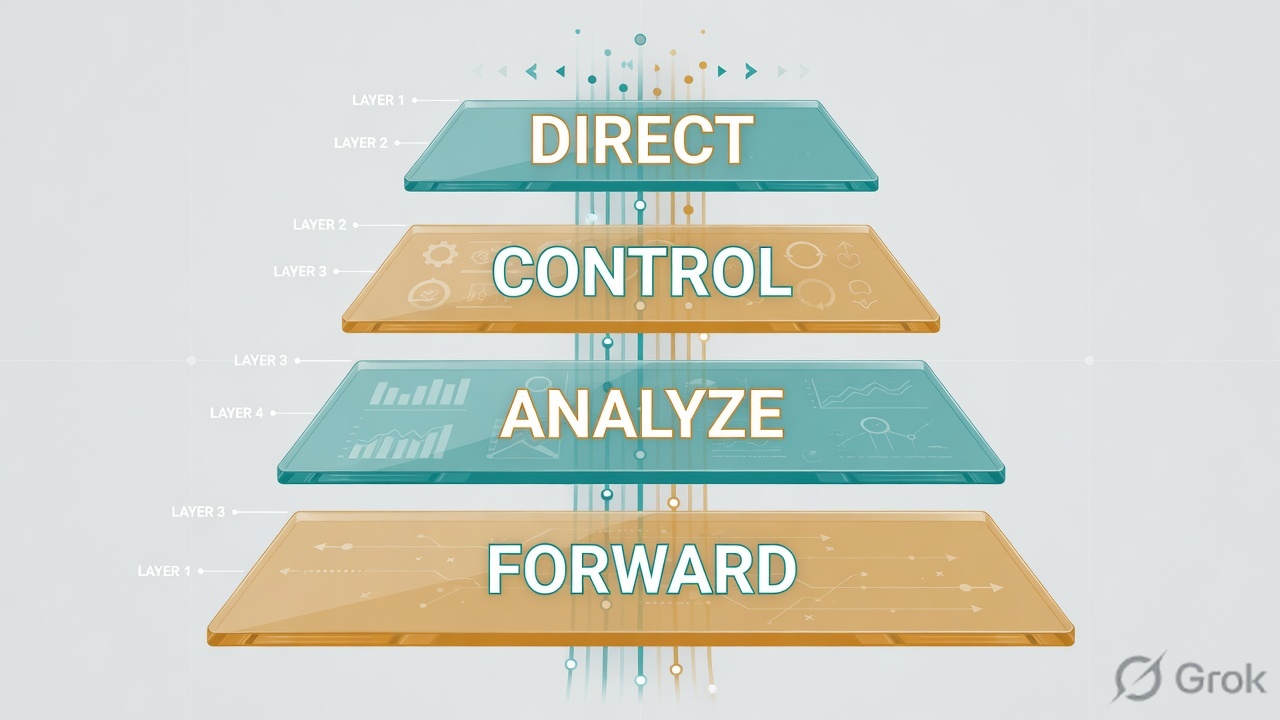 Four stacked glass platforms: Direct, Control, Analyze, Forward