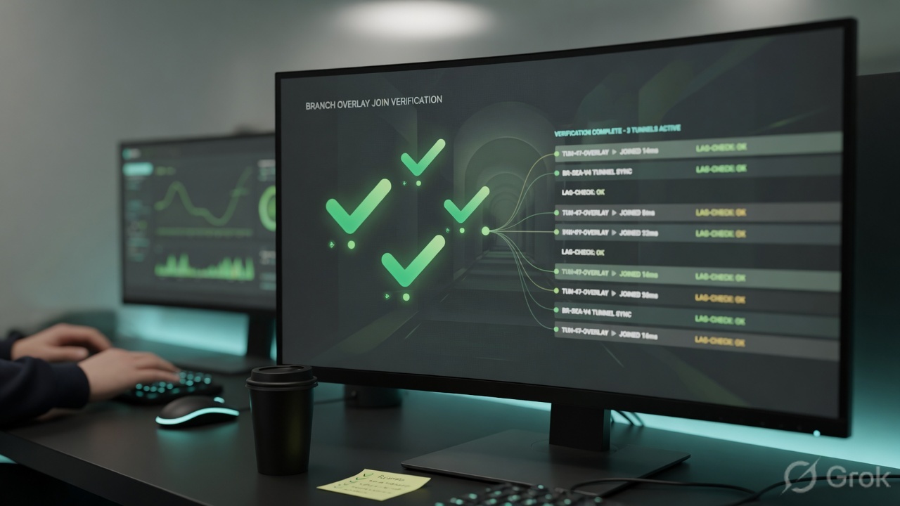 Operations desk with a monitor showing green health checkmarks