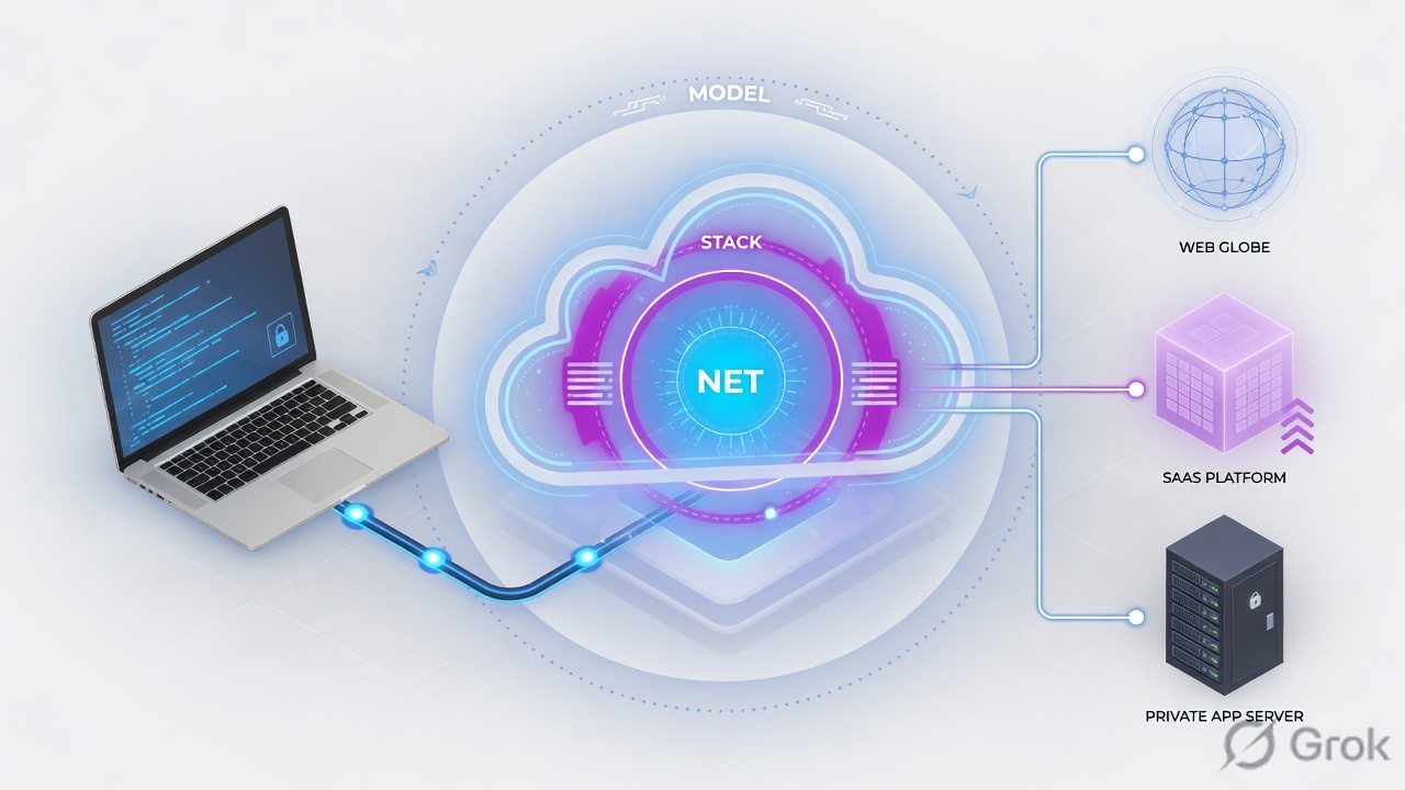 Laptop connecting through nested Model, Stack and Network layers to web, SaaS and a private app