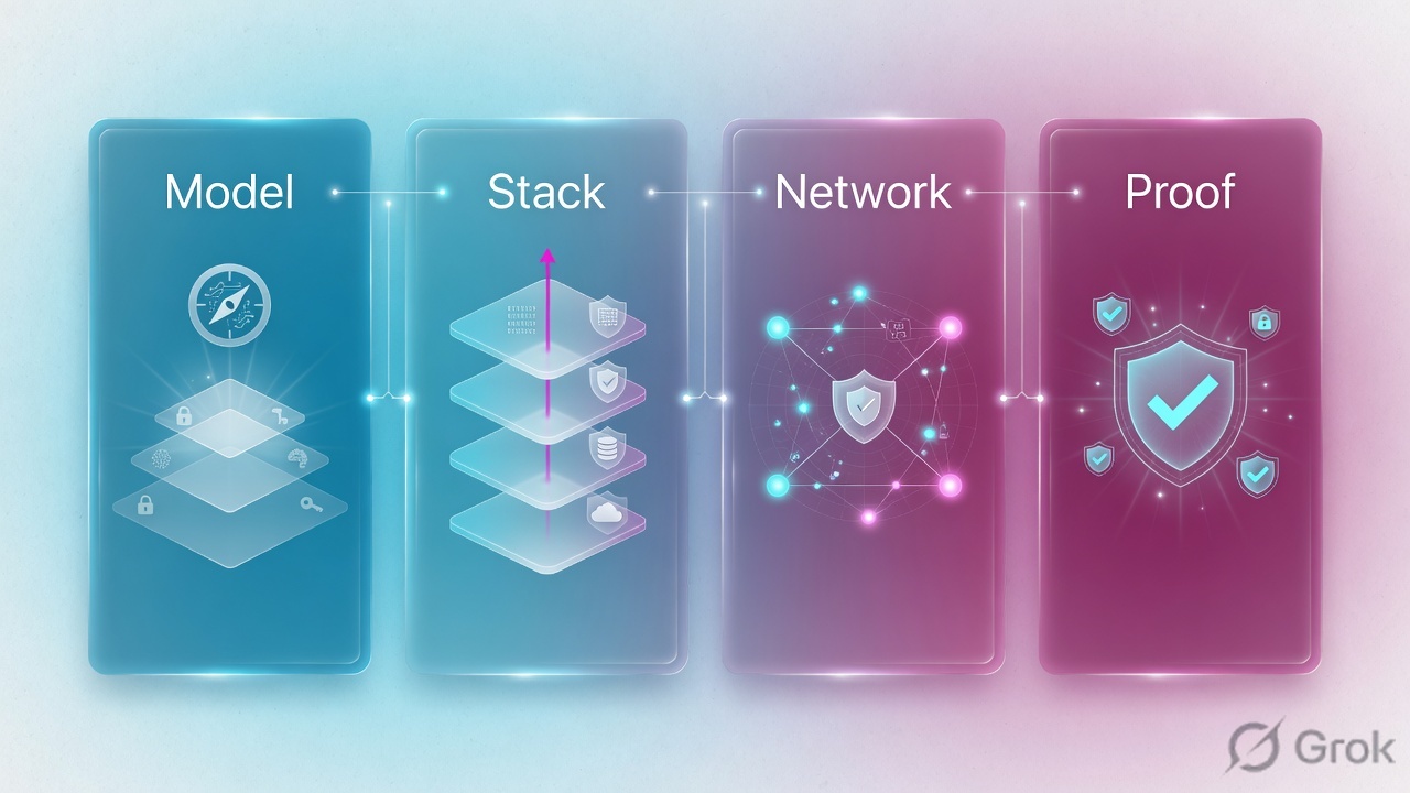 Four panels labelled Model, Stack, Network and Proof