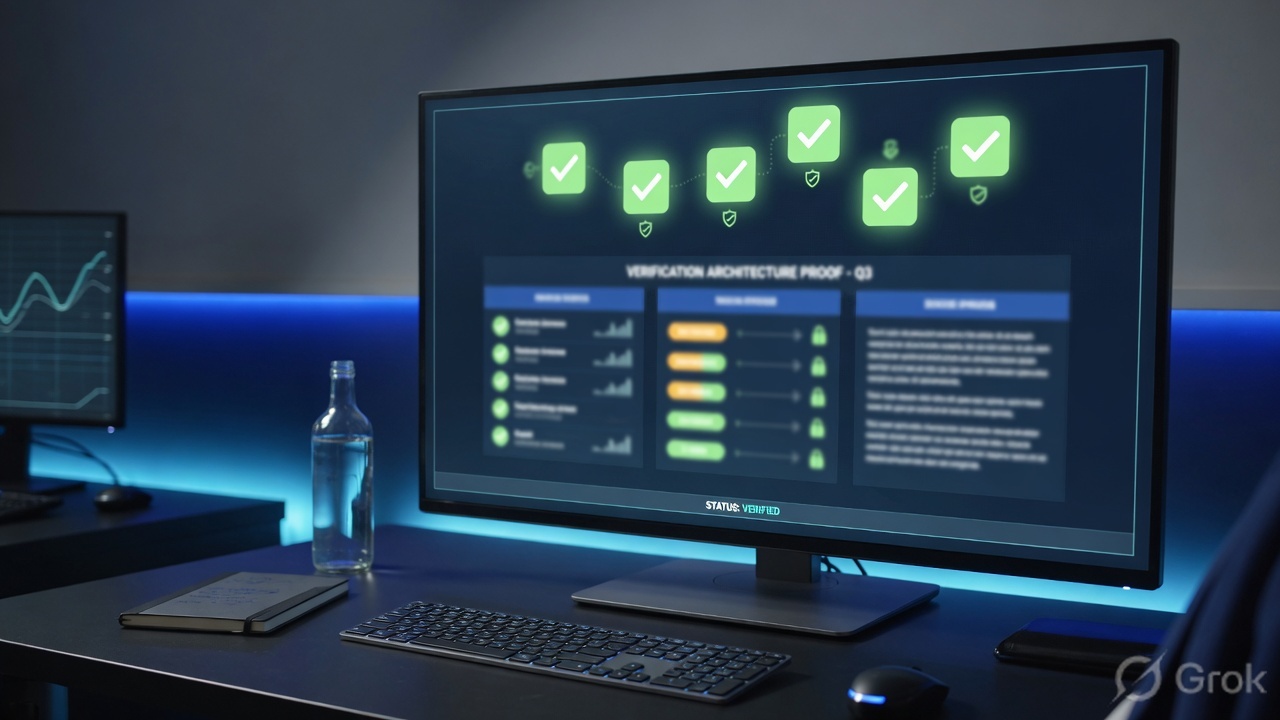 Operations desk monitor showing verification checkmarks for an architecture review