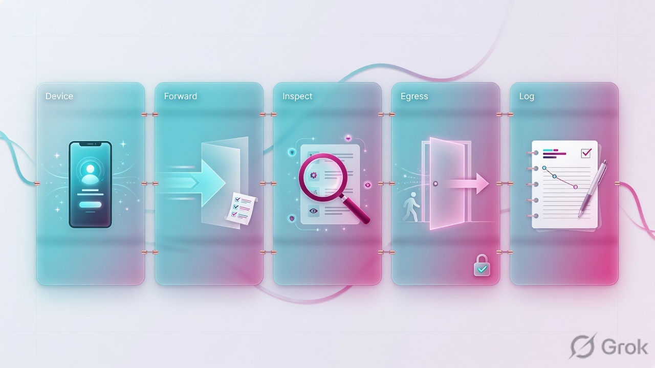 Five-step journey from device through inspect to log