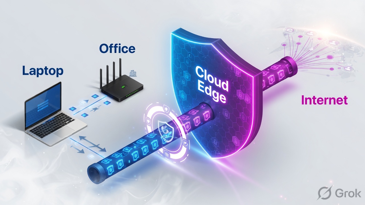 Laptop and office router sending traffic through a cloud security edge before the internet