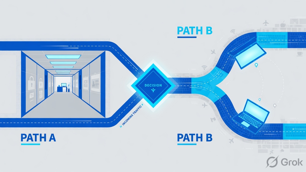 Decision diamond splitting incoming traffic into Path A office and Path B roaming