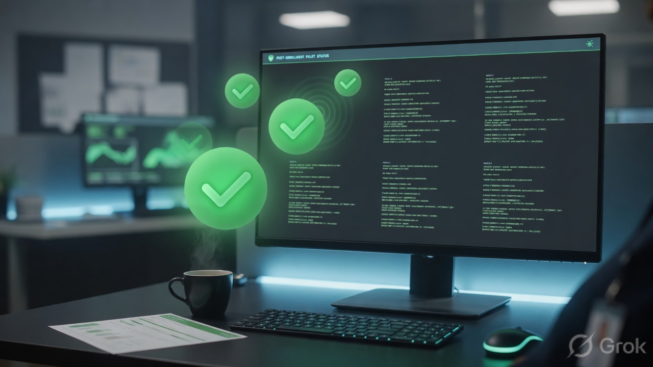 Operations desk with abstract green health checks on a monitor