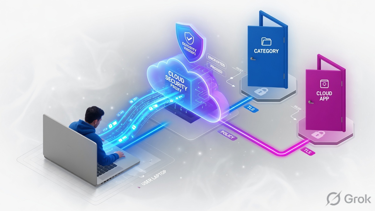 User traffic through a cloud proxy splitting to a Category door and a Cloud App door