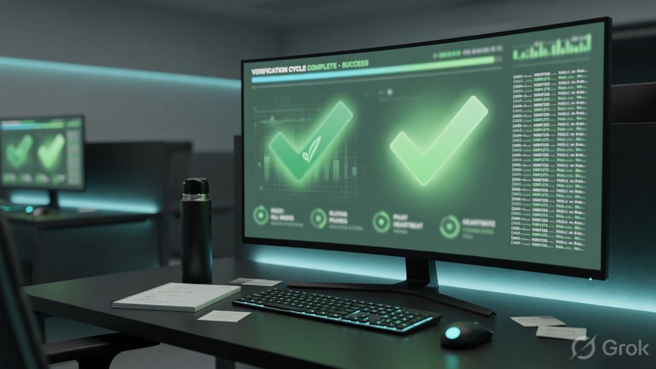 Operations desk with a monitor showing abstract green verification checks