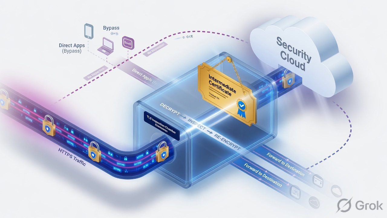 HTTPS traffic entering a TLS inspection chamber signed by an Intermediate CA, then re-encrypted toward the destination; a bypass path skips the chamber