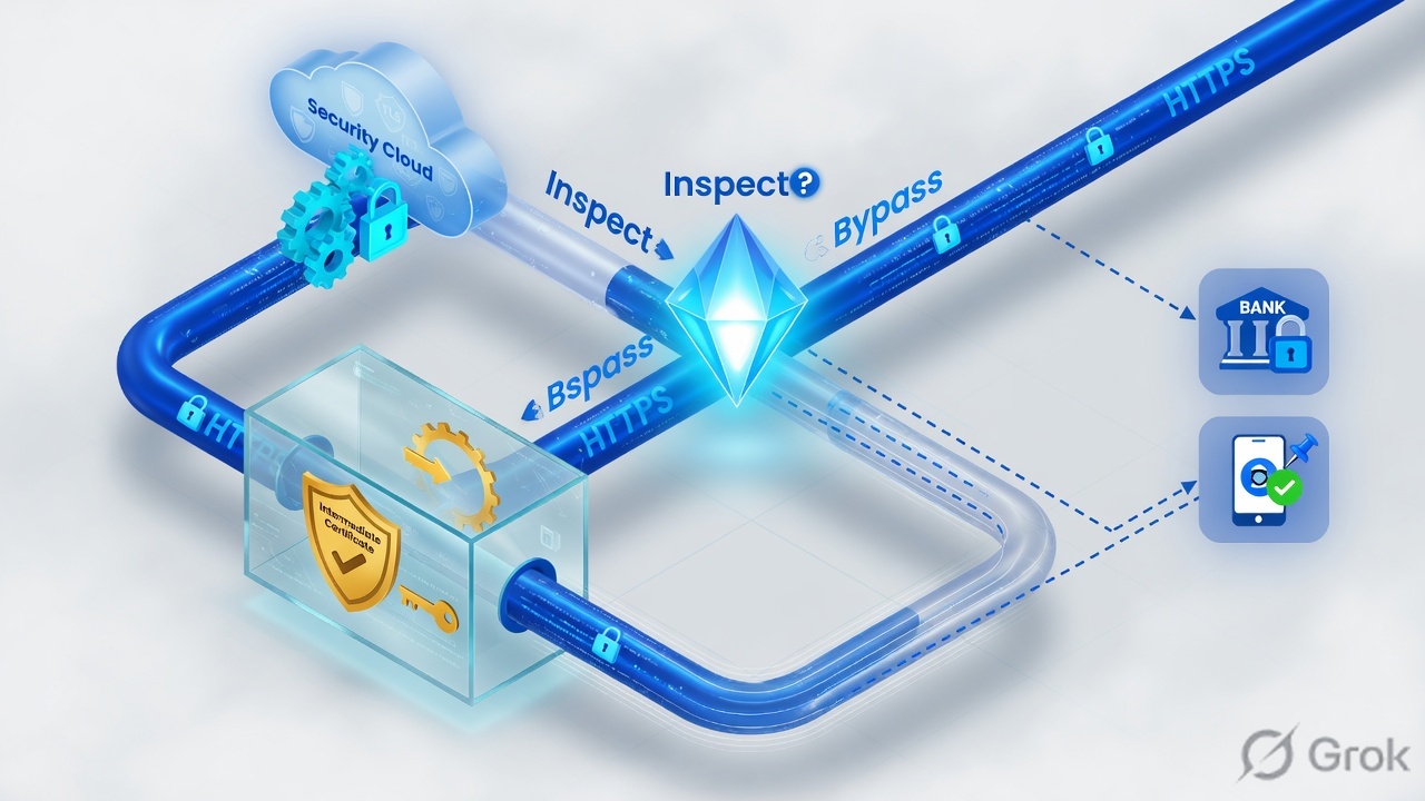 Decision diamond splitting HTTPS into an Inspect path through an Intermediate CA chamber and a Bypass path around it