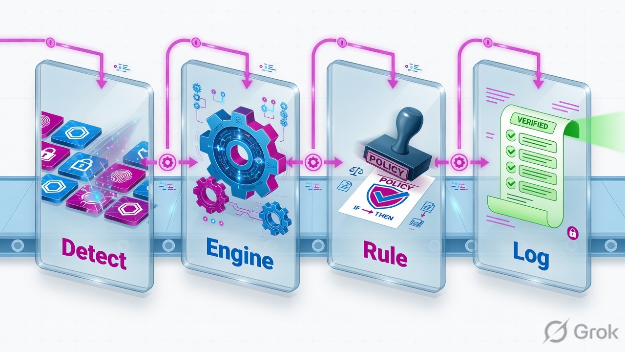 Four-panel pipeline labeled Detect, Engine, Rule, Log