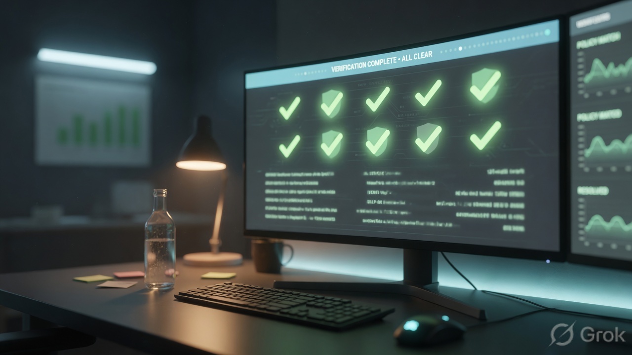 Operations desk with green verification checks on a monitor