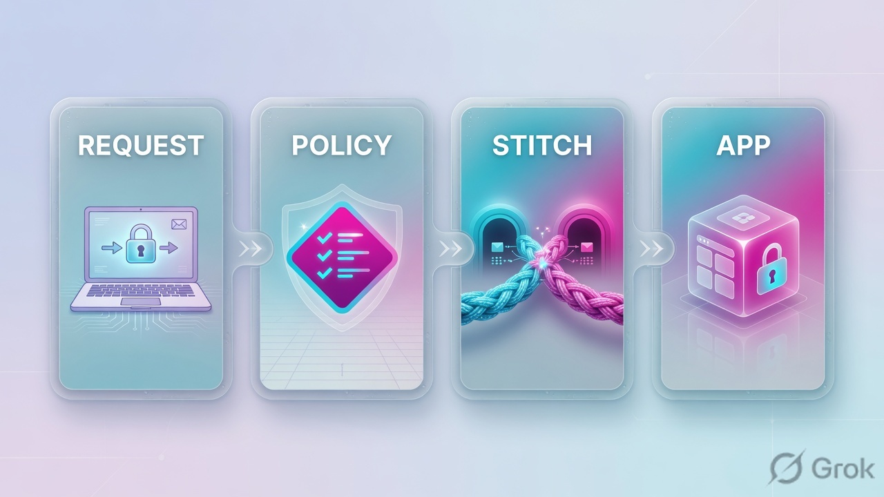 Four-step journey: request, policy, stitch, private app