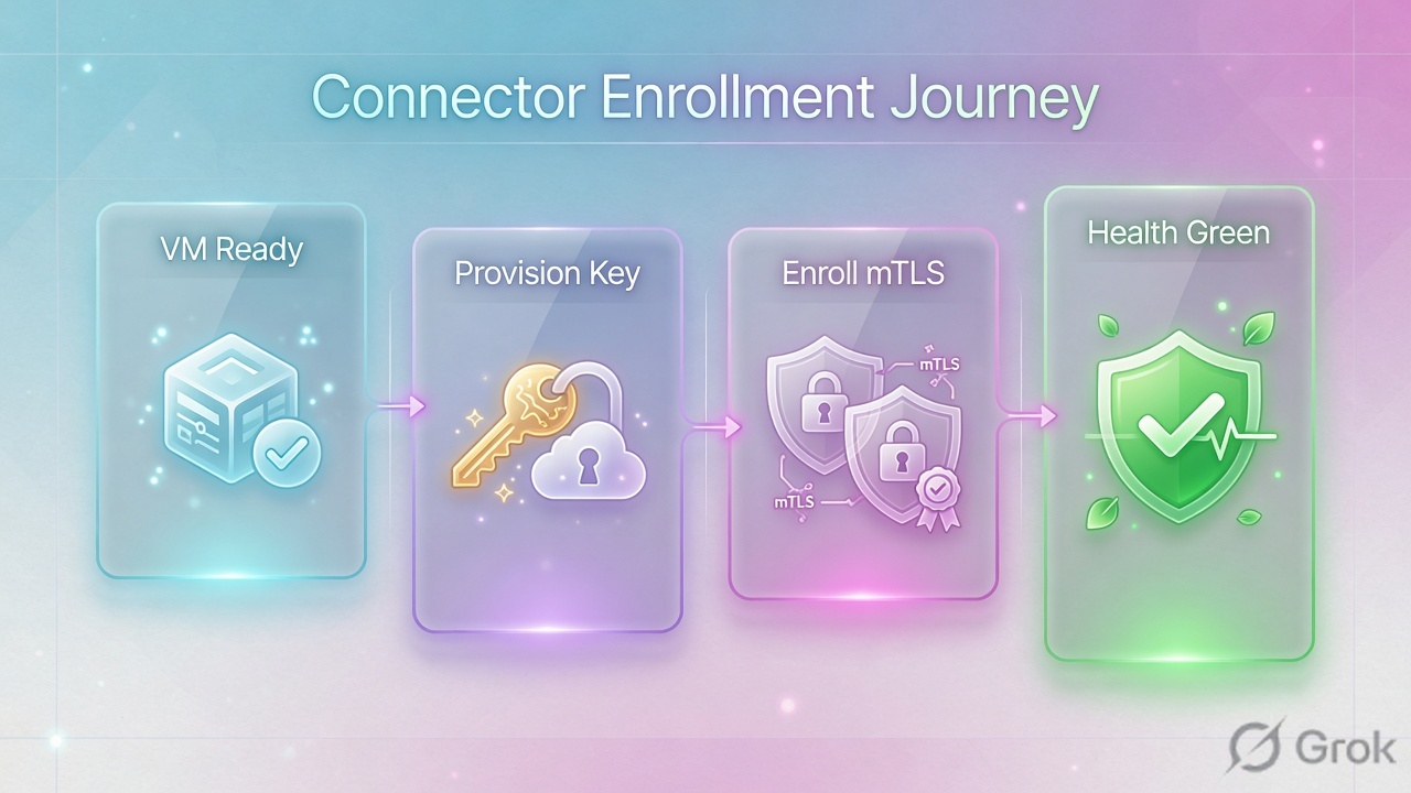 Four-step enrollment journey: VM ready, provisioning key, mTLS enroll, health green