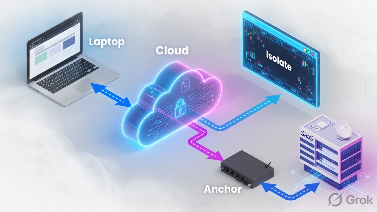 Laptop through a security cloud to an isolated remote browser and to a customer-owned connector