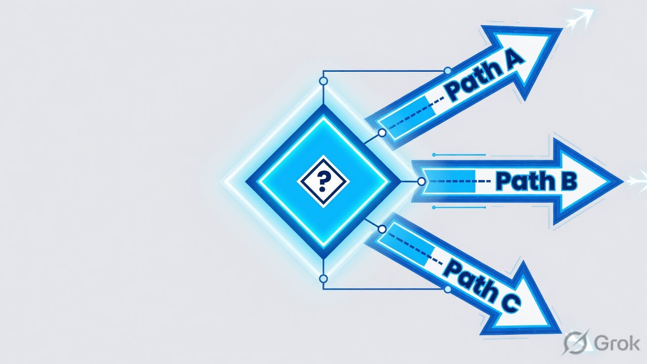 A decision diamond splitting into three abstract paths
