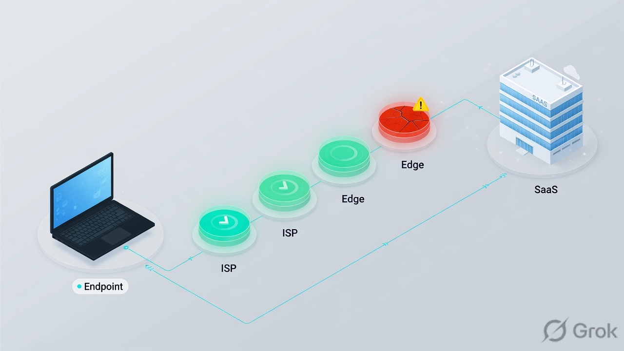 Laptop to SaaS hop path with healthy cyan nodes and one cracked red hop labelled Edge
