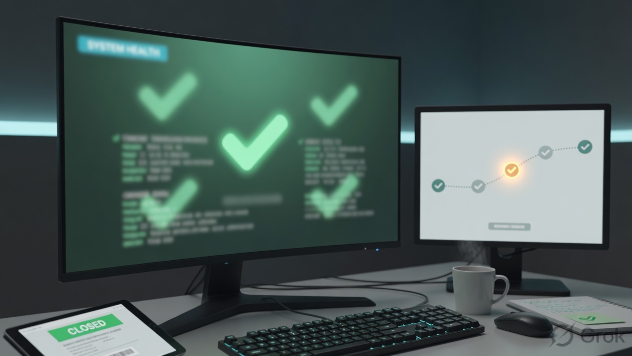 Operations desk with blurred green health checks on one monitor and a hop path with one amber node on the other