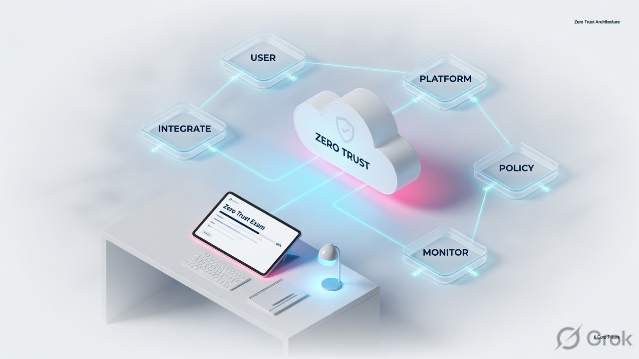 Study desk with six domain nodes feeding a Zero Trust cloud