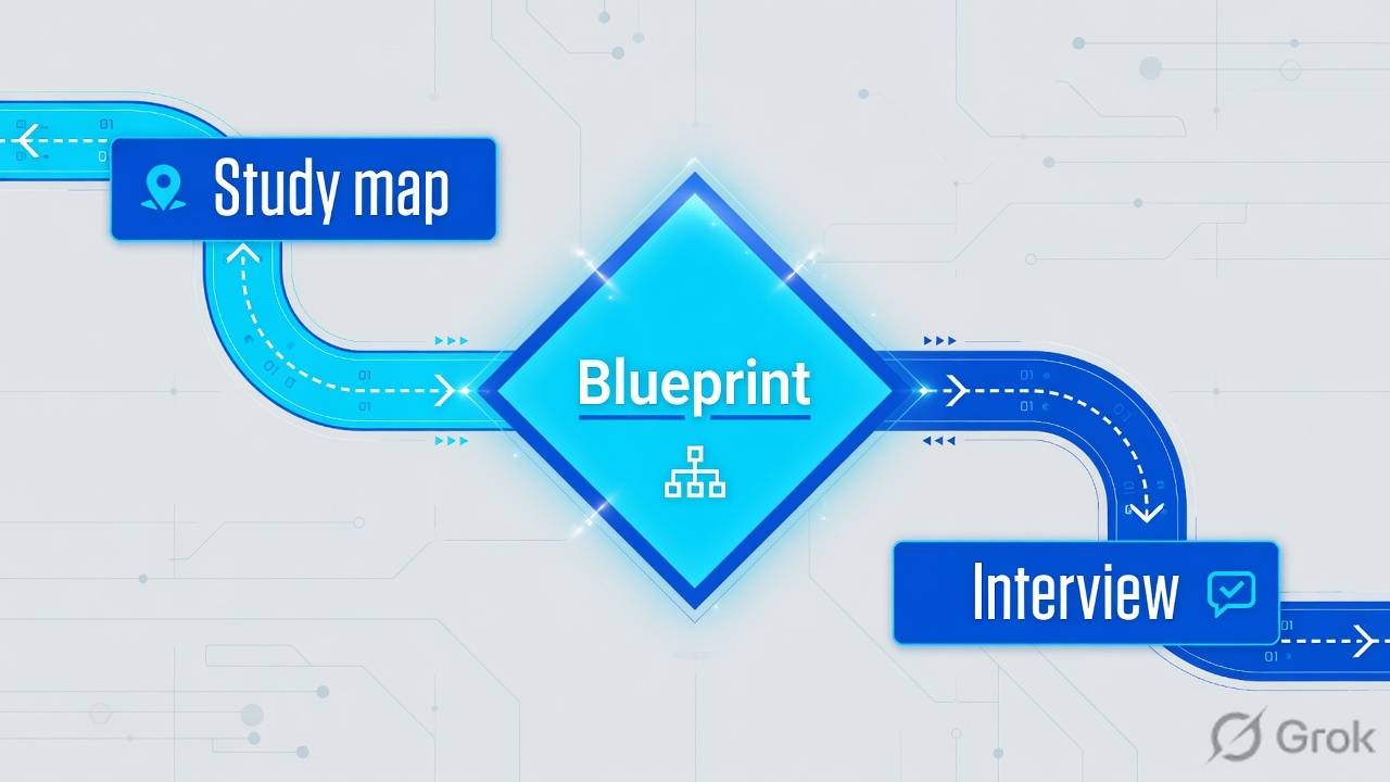 Blueprint diamond splitting into a study map path and an interview path