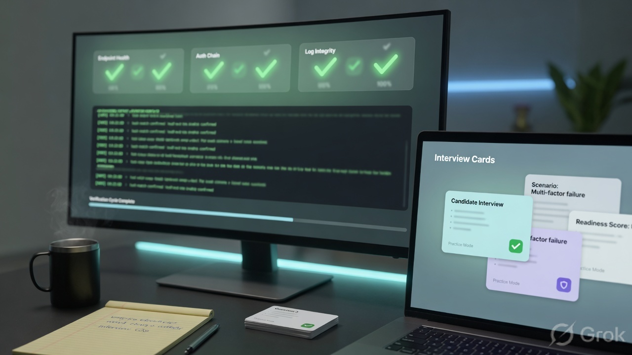 Operations desk with abstract health checks and interview cards