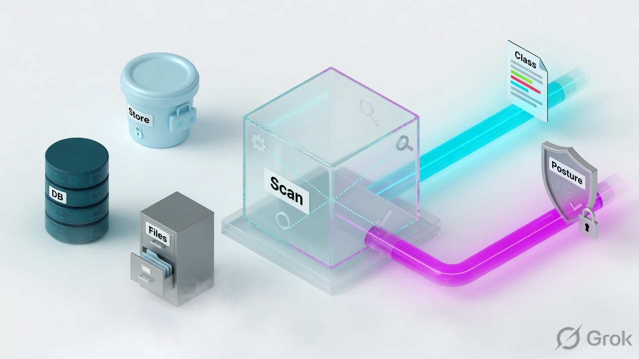 Cloud store, database and file cabinet feeding a scan cube, then class and posture lanes