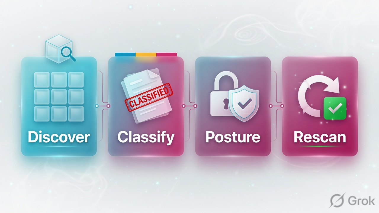 Four glass panels labeled Discover, Classify, Posture, Rescan