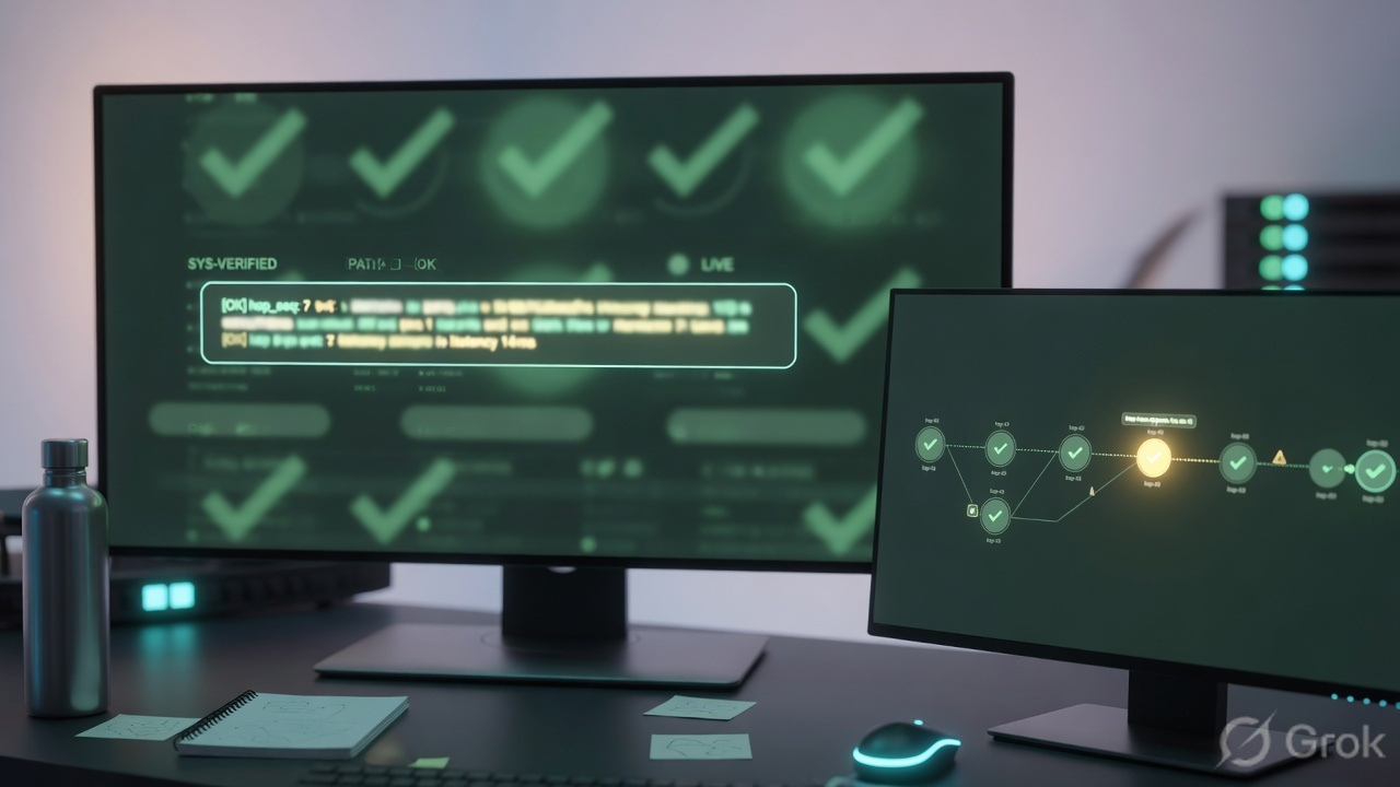 Operations desk with abstract green health checks and one highlighted hop