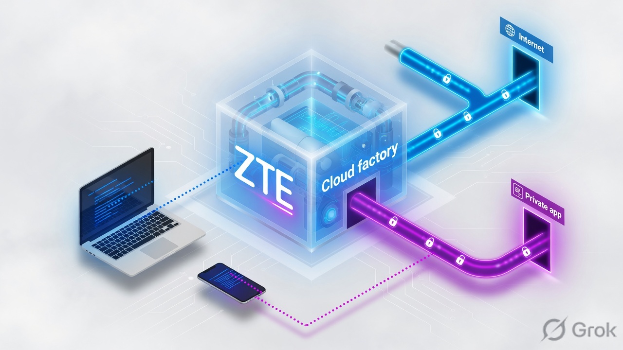 User and device connecting through a Zero Trust Exchange factory to internet and a private app