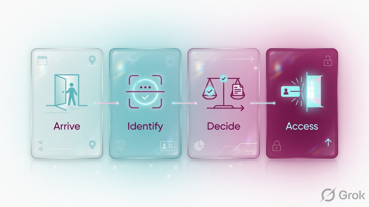 Four-step session journey: arrive, identify, decide, access
