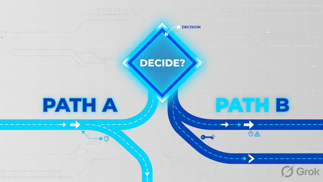 Decision node splitting traffic into Path A internet and Path B private app