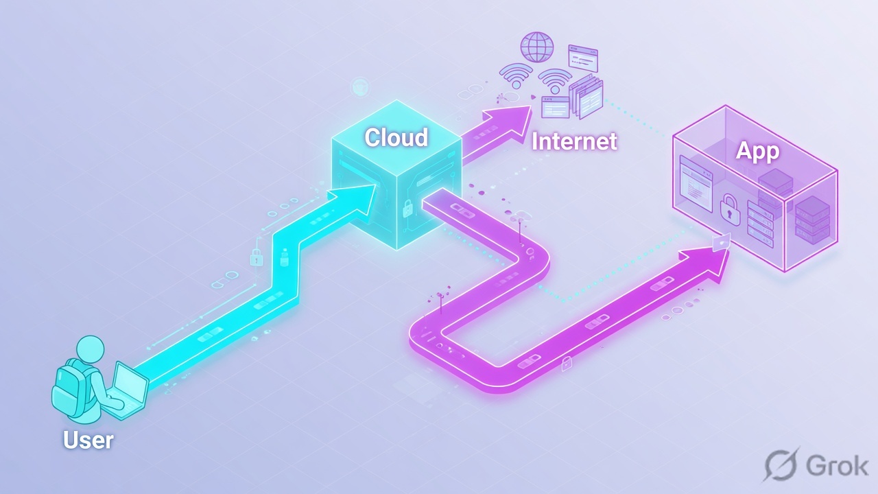 User laptop connecting through a cloud proxy cube that splits to the internet and to a locked private application