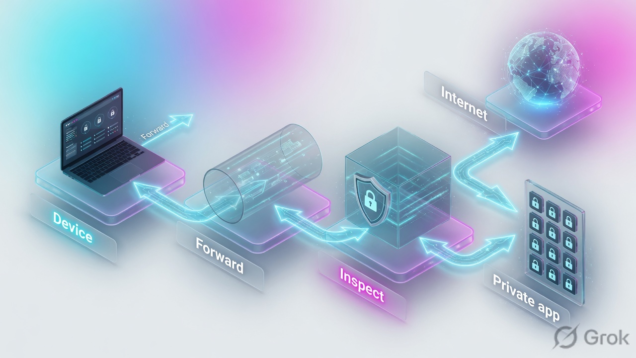 Four stations of a Zero Trust session: device, forward, inspect, then internet or private app