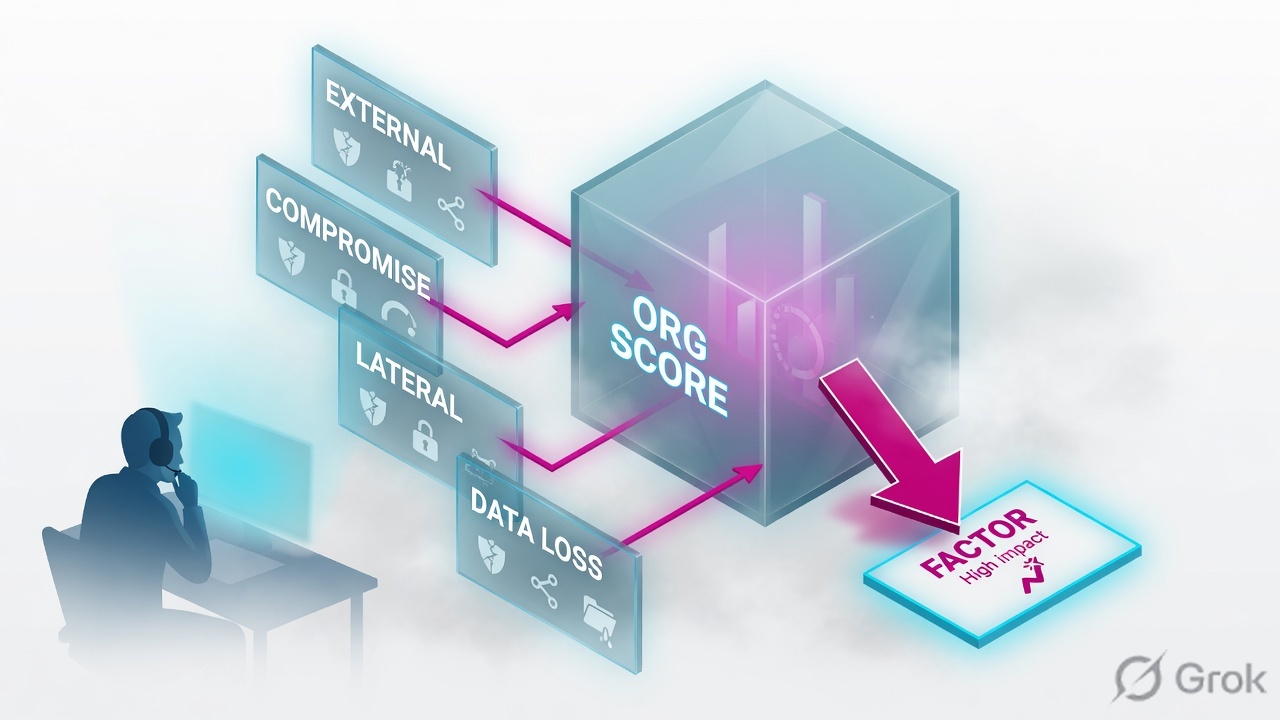 Four category panes External, Compromise, Lateral, Data Loss feeding an org-score cube that drills to a factor card