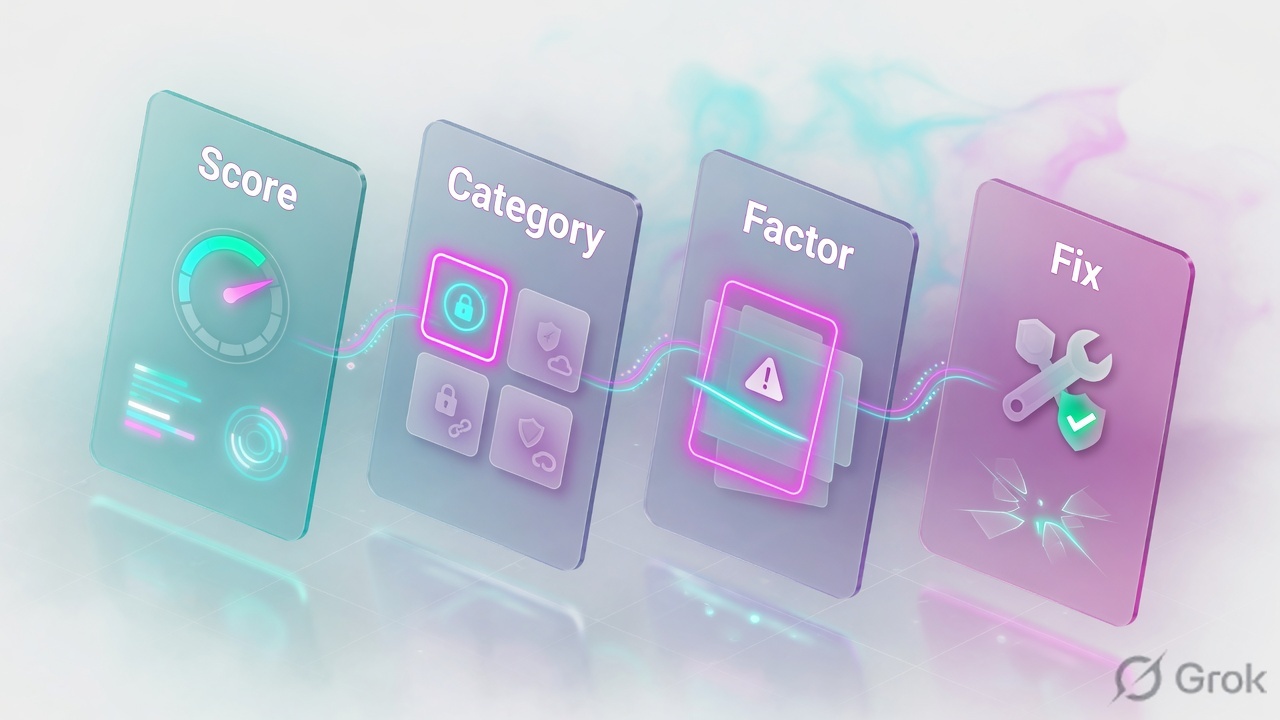 Four glass panels labeled Score, Category, Factor, Fix