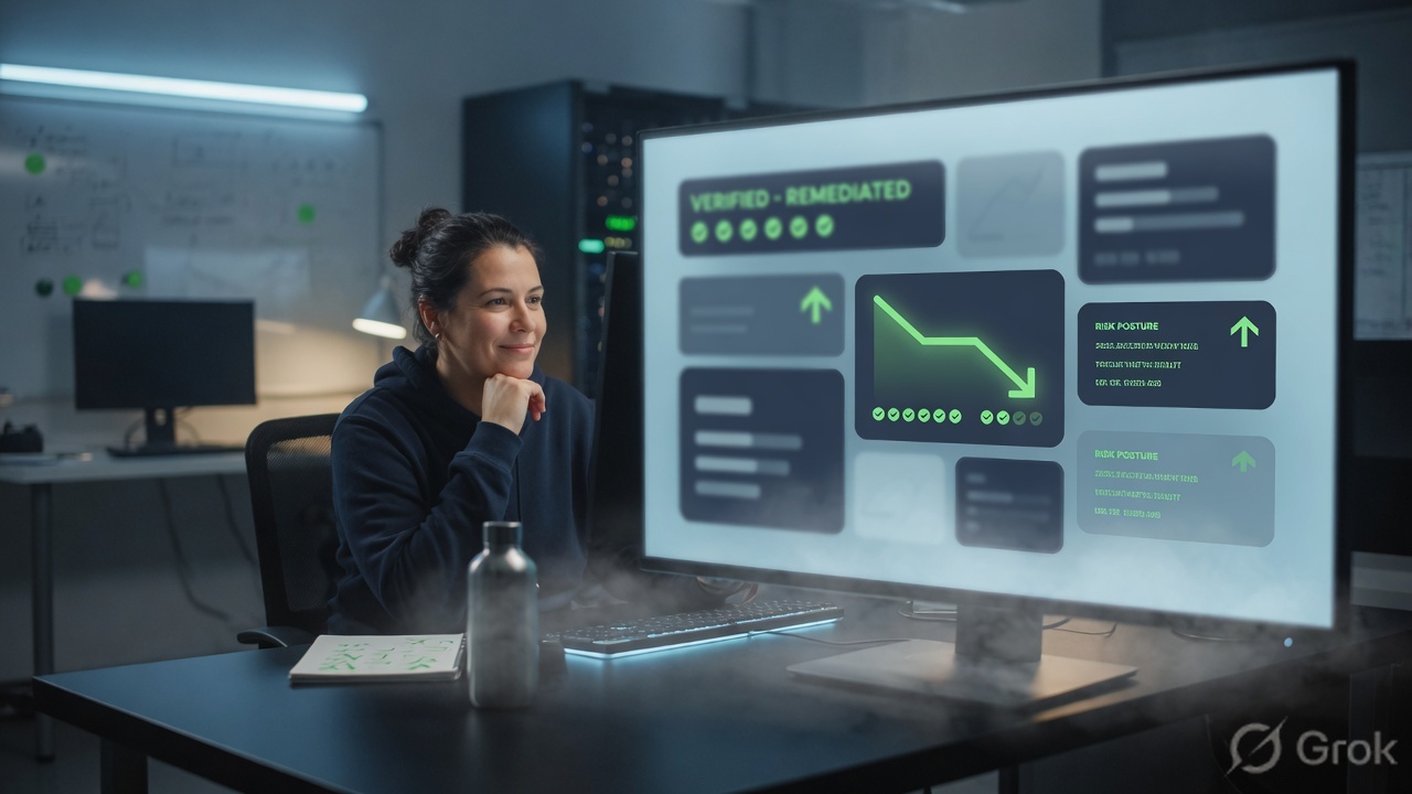 Engineer verifying a downward risk trend and remediated checks on a monitor