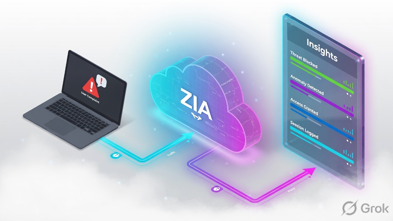 Laptop through a ZIA cloud proxy to an Insights log board