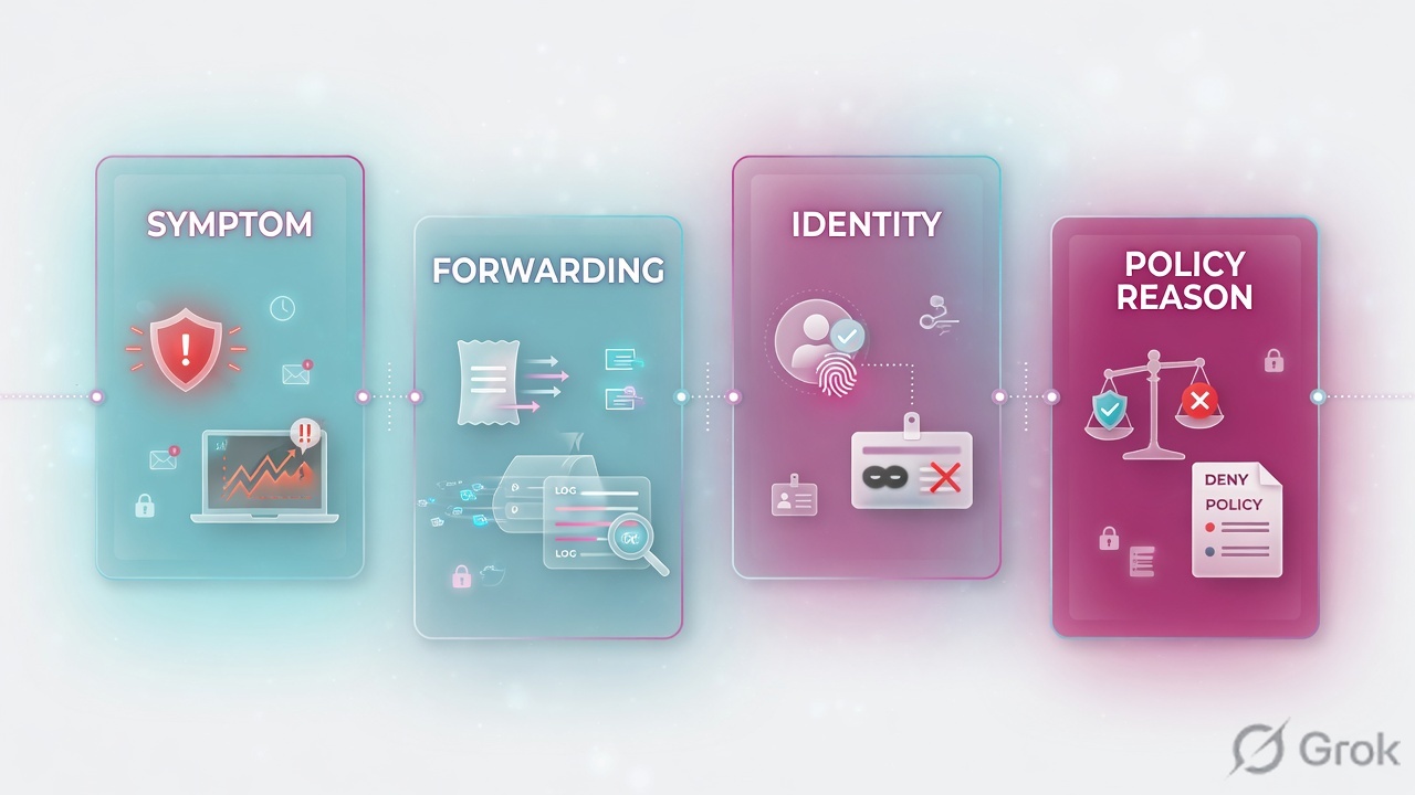 Four glass panels labeled Symptom, Forwarding, Identity, Policy reason