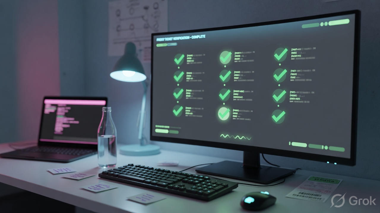 Engineer verifying abstract log checkmarks on a monitor