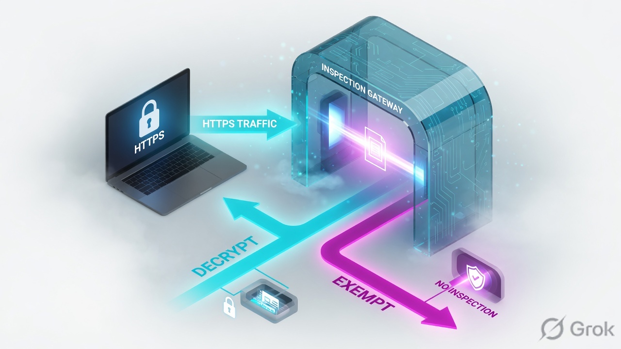 Laptop HTTPS traffic splitting into Decrypt and Exempt