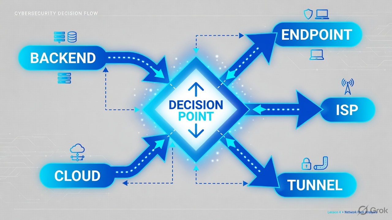 Decision diamond splitting Endpoint, ISP, Tunnel, Cloud, Backend