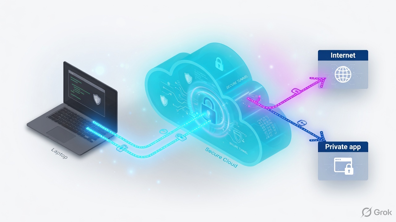 Laptop traffic splits through a security cloud to internet and a private app