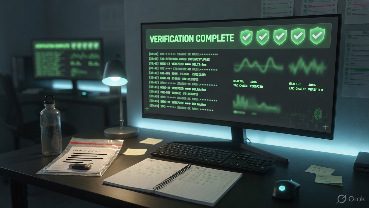 Operations desk with a monitor showing health checks