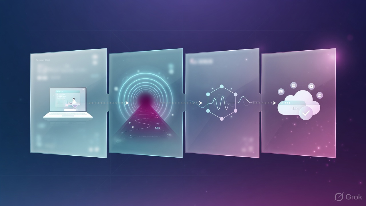 Four glass panels: laptop, tunnel, edge, SaaS