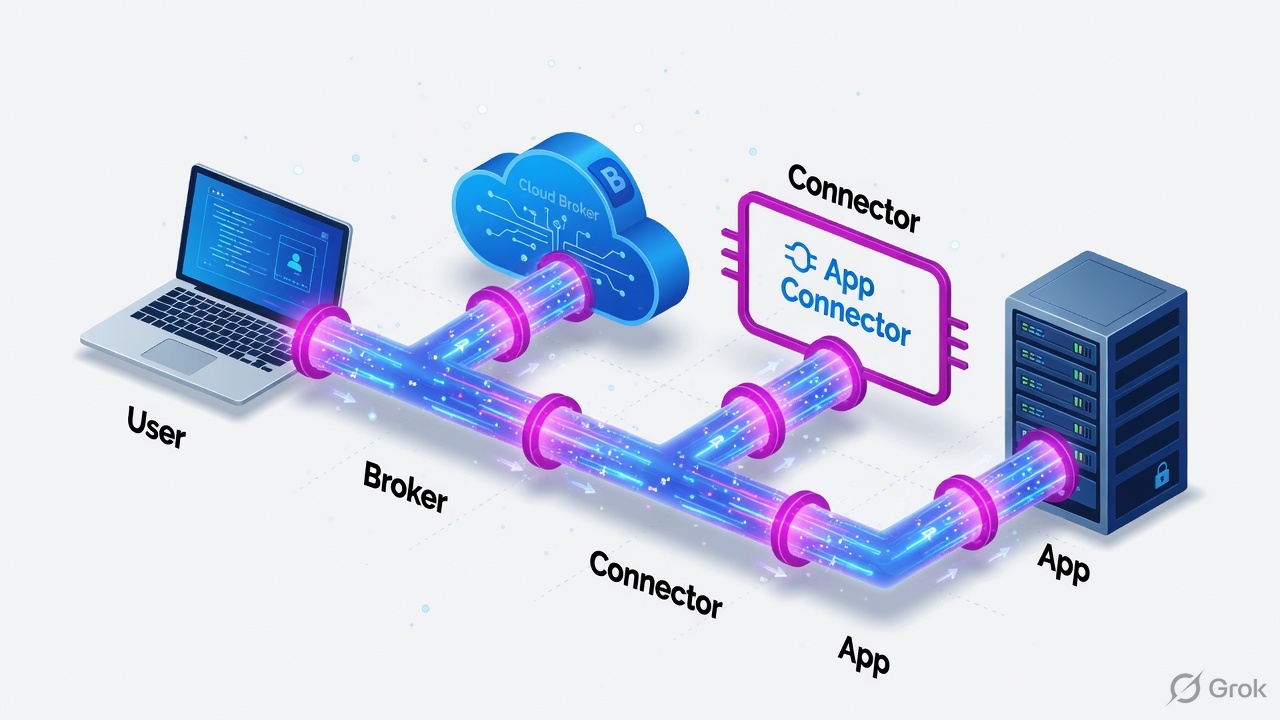 User, broker, connector, and private app as four connected nodes