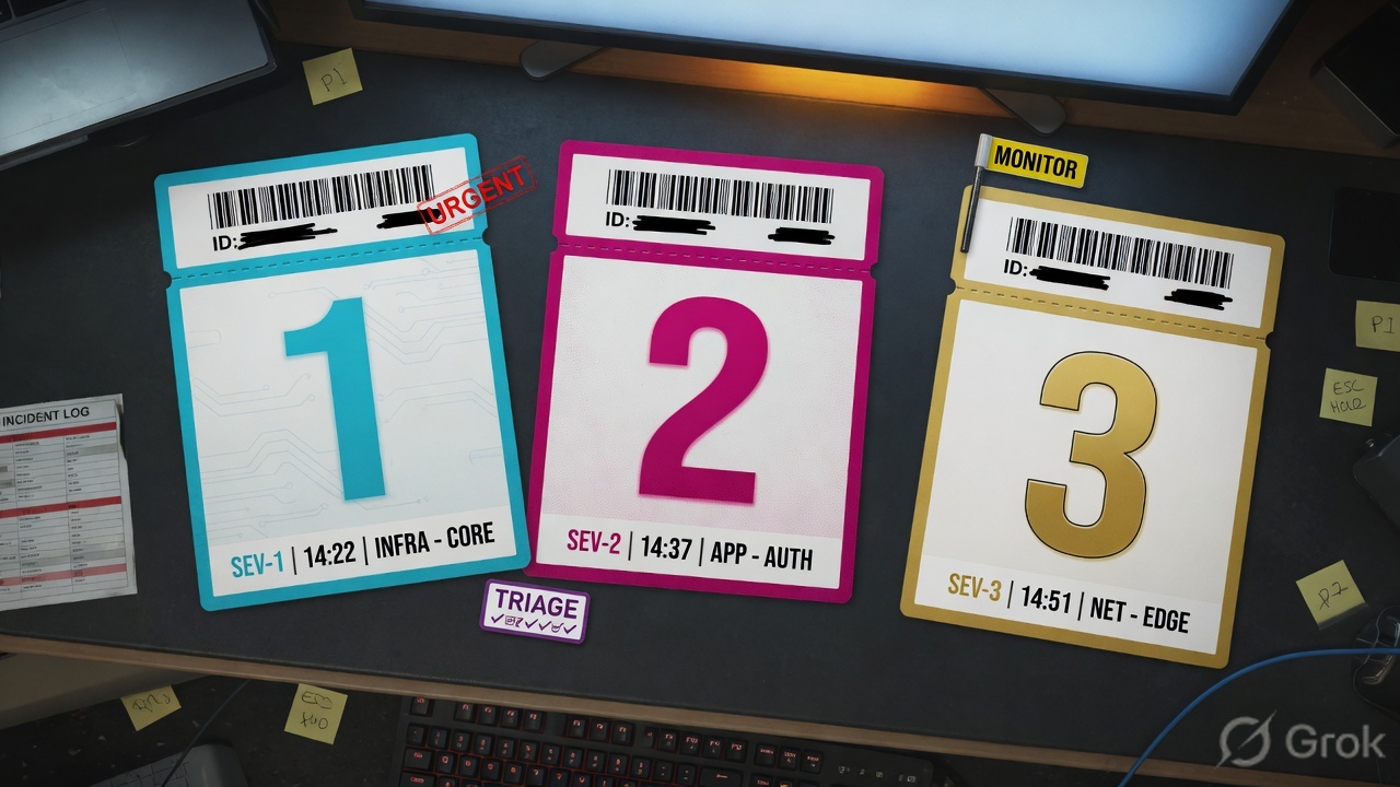 Three incident cards on an operations desk