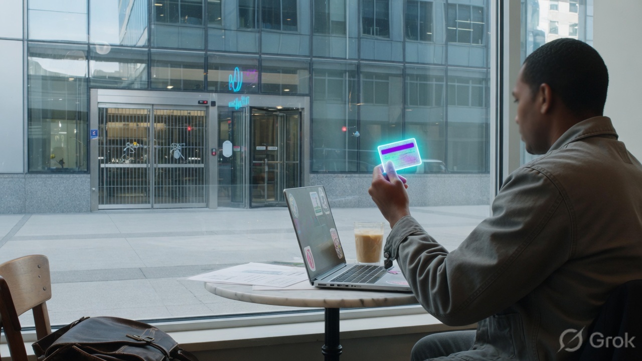 Contractor outside a locked building with a visitor pass — one app, no network key