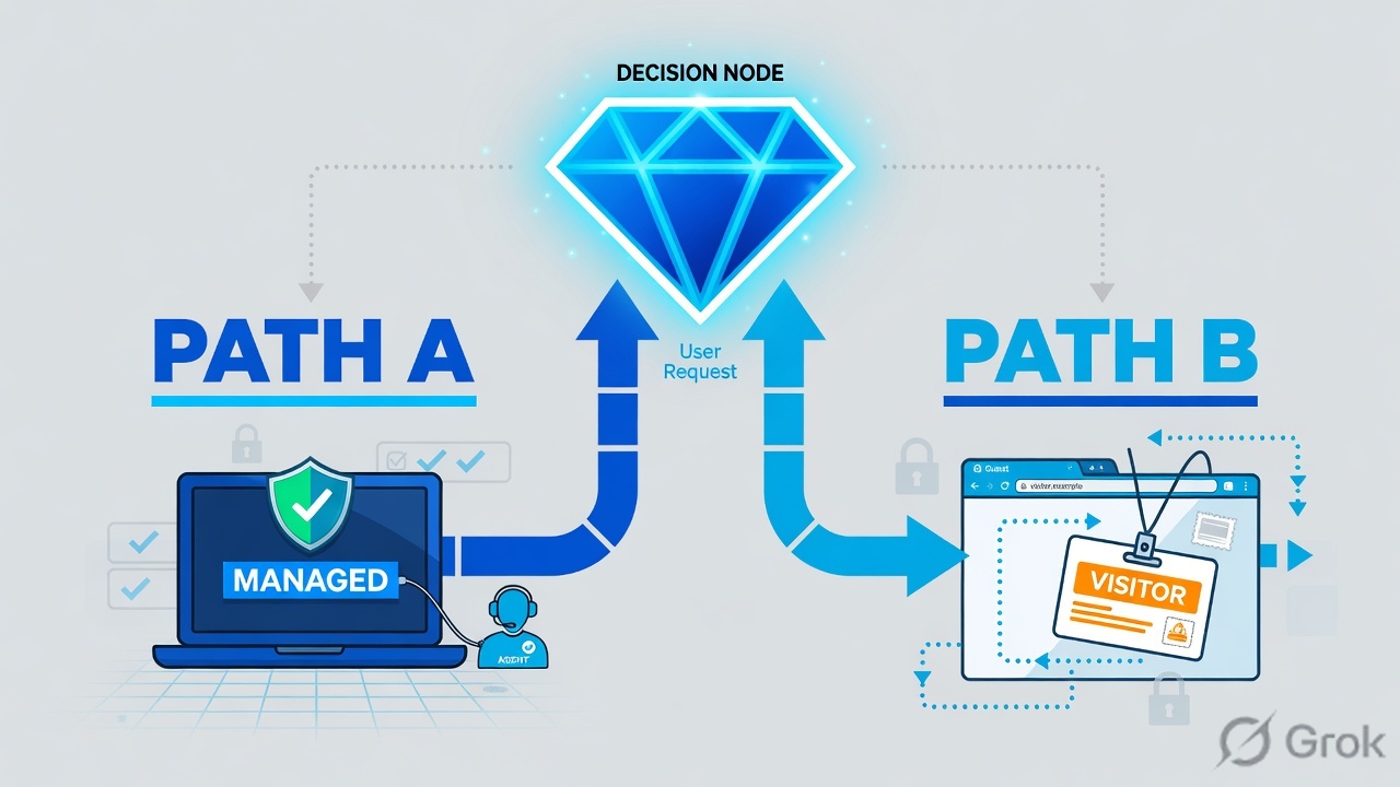 Decision diamond splitting Path A managed agent from Path B visitor-pass browser