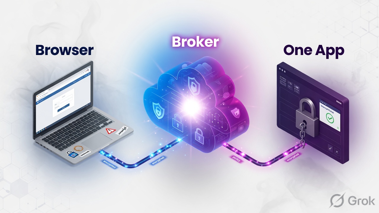 Unmanaged browser connects through a security broker to exactly one internal app