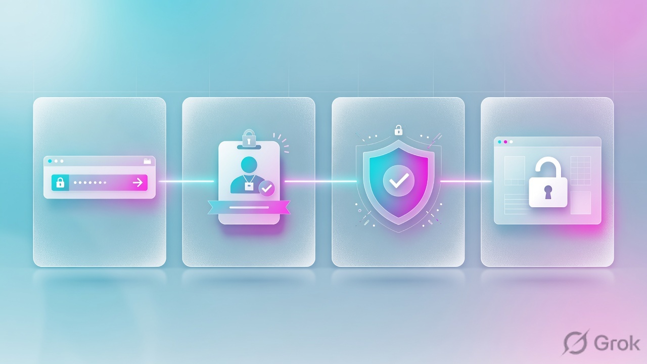 Four-panel journey: URL, identity, policy, one unlocked app